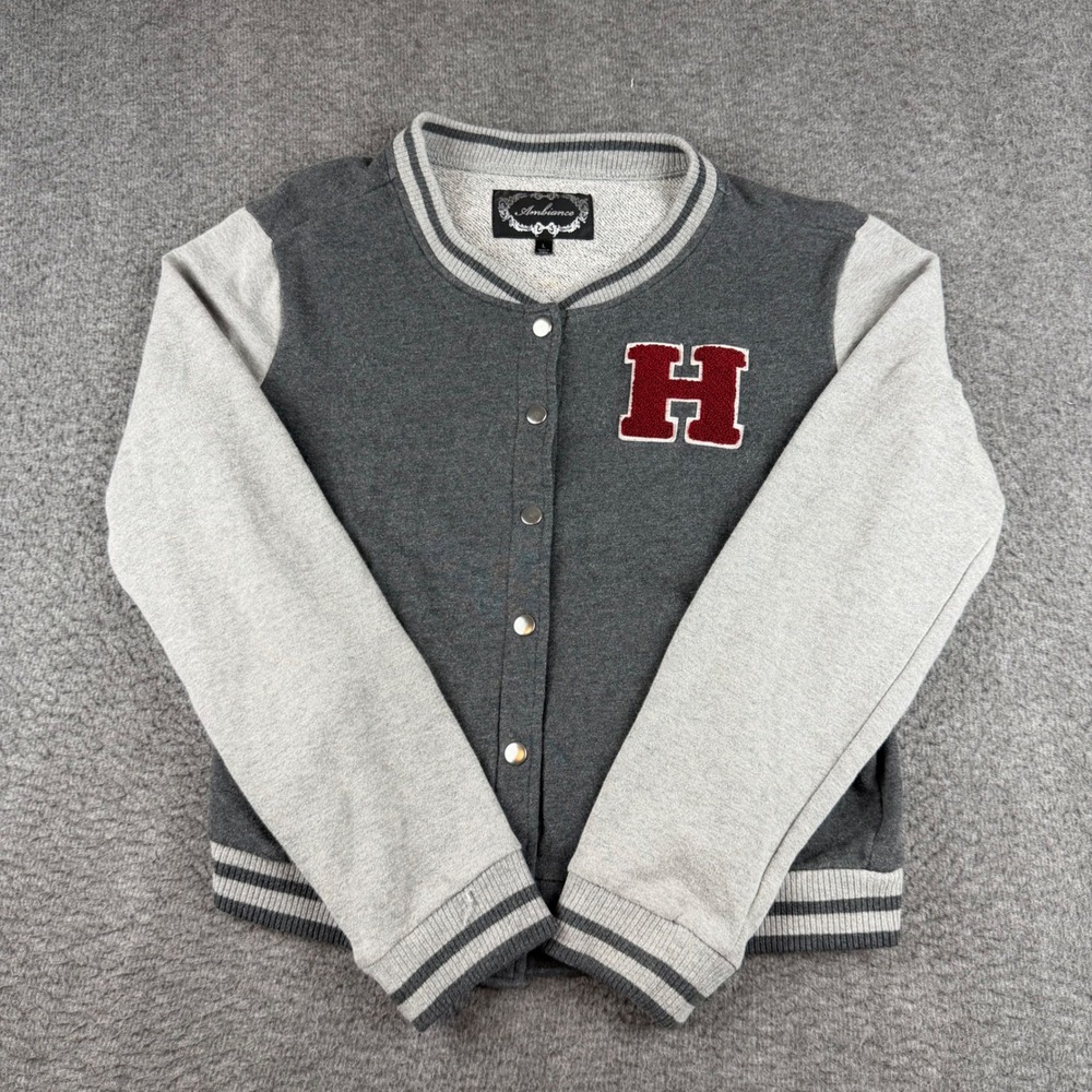Ambiance Varsity Jacket Women's Large Grey Collegiate H Patch Snap Front